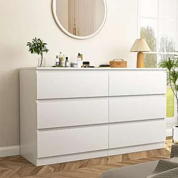 Vibe & Dine White Dresser 6 Drawer, Modern Double Dresser for Bedroom, Wood Chest of Drawers with Wide Storage for Living Room