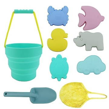 HELMDY Silicone Beach Toys Collapsible Buckets Toddlers Sand Toy with Mesh Bag