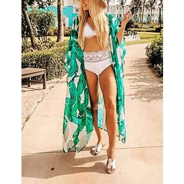 Women's Beach Blouses Kimono Floral Print Green Banana Leaf Cardigan Long Bikini Cover Up Dress
