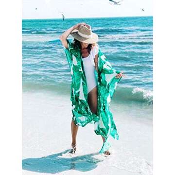 Women's Beach Blouses Kimono Floral Print Green Banana Leaf Cardigan Long Bikini Cover Up Dress