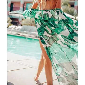 Women's Beach Blouses Kimono Floral Print Green Banana Leaf Cardigan Long Bikini Cover Up Dress