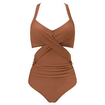 RXRXCOCO Women Front Cross One Piece Swimsuit Tummy Control Cross Back Monokini Bathing Suit for Women Brown Small