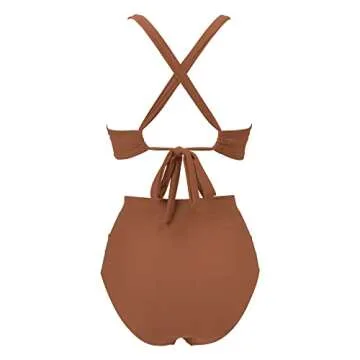 RXRXCOCO Women Front Cross One Piece Swimsuit Tummy Control Cross Back Monokini Bathing Suit for Women Brown Small