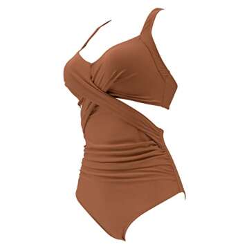 RXRXCOCO Women Front Cross One Piece Swimsuit Tummy Control Cross Back Monokini Bathing Suit for Women Brown Small