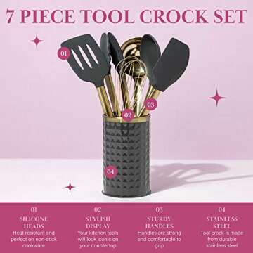 Paris Hilton Kitchen Set Tool Crock with Silicone Cooking Utensils, Stainless Steel Whisk and Ladle, 7-Piece, Gold, Charcoal Gray