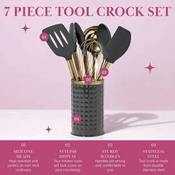 Paris Hilton Kitchen Set Tool Crock with Silicone Cooking Utensils, Stainless Steel Whisk and Ladle, 7-Piece, Gold, Charcoal Gray