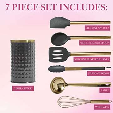 Paris Hilton Kitchen Set Tool Crock with Silicone Cooking Utensils, Stainless Steel Whisk and Ladle, 7-Piece, Gold, Charcoal Gray