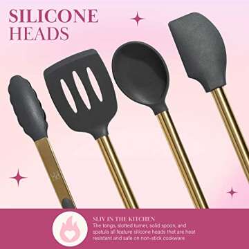 Paris Hilton Kitchen Set Tool Crock with Silicone Cooking Utensils, Stainless Steel Whisk and Ladle, 7-Piece, Gold, Charcoal Gray