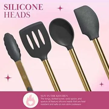 Paris Hilton Kitchen Set Tool Crock with Silicone Cooking Utensils, Stainless Steel Whisk and Ladle, 7-Piece, Gold, Charcoal Gray