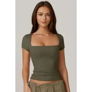 QINSEN Women's Square Neck Short Sleeve T Shirts Double Lined Basic Tee Slim Fit Tops