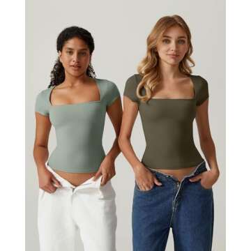 QINSEN Women's Square Neck Short Sleeve T Shirts Double Lined Basic Tee Slim Fit Tops