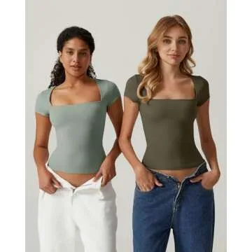 QINSEN Women's Square Neck Short Sleeve T Shirts Double Lined Basic Tee Slim Fit Tops