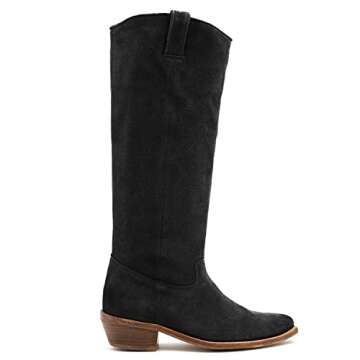 LEHOOR Stacked Heel Black Slouchy Knee High Western Boots Women Comfort Wide Calf Pointed Toe Suede ...