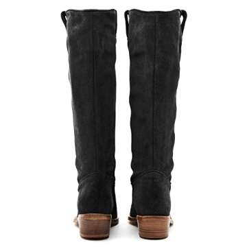 LEHOOR Stacked Heel Black Slouchy Knee High Western Boots Women Comfort Wide Calf Pointed Toe Suede Leather Black Cowboy Boots Low Heels Pull On Black Combat Boots Dressy Vintage Winter Black 7.5