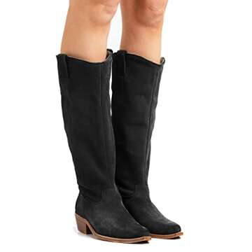 LEHOOR Stacked Heel Black Slouchy Knee High Western Boots Women Comfort Wide Calf Pointed Toe Suede Leather Black Cowboy Boots Low Heels Pull On Black Combat Boots Dressy Vintage Winter Black 7.5