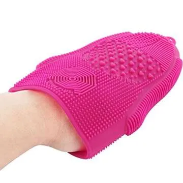 ScivoKaval Makeup Brush Cleaner Glove Mat Mitt Silicone Cosmetic Cleaning Scrubber Tool Face Brushes and Eye Brush Washing Pad Pink (Rose Red)