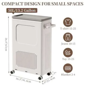 HAIXIN HOME Slim Laundry Hamper with Lid, Rolling Laundry Basket with Wheels, 50L Tall Laundry Basket Plastic Made for Free Standing and Long Use, Handle and Wheels Easy to Transport to Laundry Room