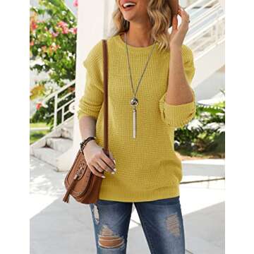 MEROKEETY Women's 2024 Long Sleeve Waffle Knit Sweater Crew Neck Solid Color Pullover Jumper Tops Mustard