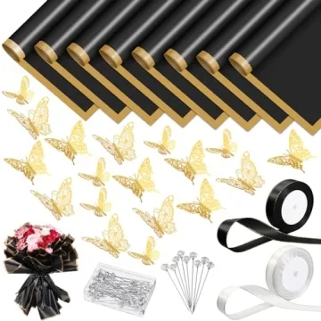 118Pcs Flower Bouquet Wrapping Paper Kits - Elegant Black Waterproof Floral Packaging with Butterfli...