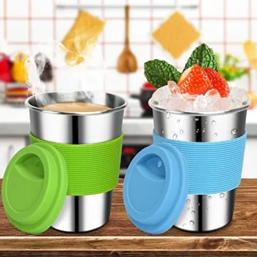 Rommeka Stainless Steel Kids Cups with Silicone Lids & Straws
