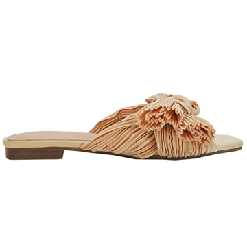 VETASTE Women's Pleated Bow Flat Sandals Open Square Toe Slip on Slide Sandals