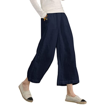 ECUPPER Women's Casual Loose Linen Elastic Waist Ankle Pants in Dark Blue for Summer