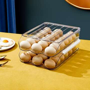 Sooyee 2 Layer Egg Holder/ Storage Container for Refrigerator,Ramp Type Auto Roll Egg Organizer,Large,Clear