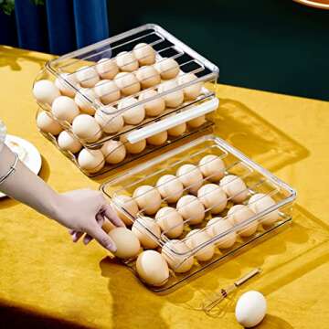 Sooyee 2 Layer Egg Holder/ Storage Container for Refrigerator,Ramp Type Auto Roll Egg Organizer,Large,Clear