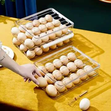 Sooyee 2 Layer Egg Holder/ Storage Container for Refrigerator,Ramp Type Auto Roll Egg Organizer,Large,Clear