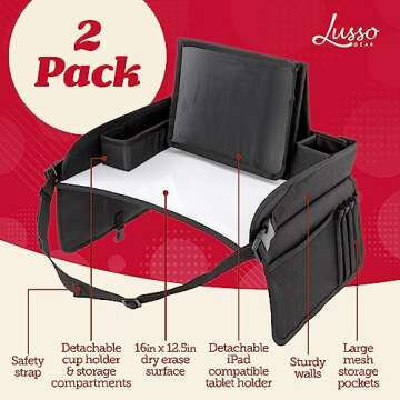 Lusso Gear Kids Travel Tray for Car (2 Pack) - Road Trip Essentials for Kids - Car Seat Tray for Tod...