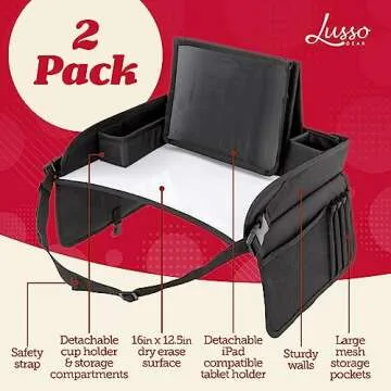 Lusso Gear Kids Travel Tray for Car (2 Pack) - Road Trip Essentials for Kids - Car Seat Tray for Tod...