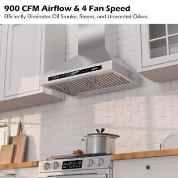 30 inch Wall Mount Range Hood, 900 CFM with 4-Speed Voice/Gesture/Touch Control, Stainless Steel Kit...