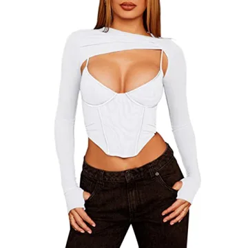 Meladyan Women Sexy Long Sleeve Mesh Crop Top Open Front Cover Up Spaghetti Strap Slim Fit Corset Ca...