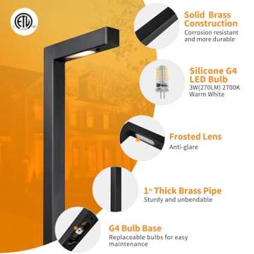 Gardenreet Low Voltage Pathway Lights Brass, LED Landscape Path Lights, Yard Lights Outdoor Waterproof IP65, 12V Wired L Shape Black for Garden Walkway with 3W 270LM 2700K G4 Bulb 4 Pack