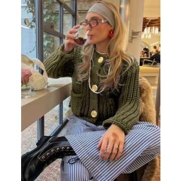 Arssm Womens Cropped Cardigan Sweaters Chunky Open Front Button Down Knit Sweater Long Sleeve Loose ...