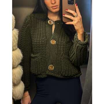 Arssm Womens Cropped Cardigan Sweaters Chunky Open Front Button Down Knit Sweater Long Sleeve Loose Cardigan Outerwear(ArmyGreen-S)
