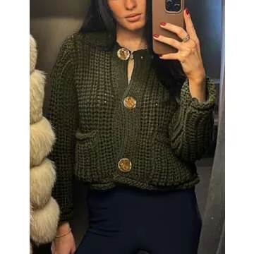 Arssm Womens Cropped Cardigan Sweaters Chunky Open Front Button Down Knit Sweater Long Sleeve Loose Cardigan Outerwear(ArmyGreen-S)