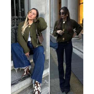 Arssm Womens Cropped Cardigan Sweaters Chunky Open Front Button Down Knit Sweater Long Sleeve Loose Cardigan Outerwear(ArmyGreen-S)