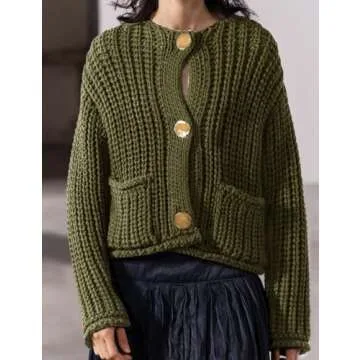Arssm Womens Cropped Cardigan Sweaters Chunky Open Front Button Down Knit Sweater Long Sleeve Loose Cardigan Outerwear(ArmyGreen-S)