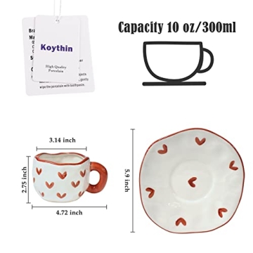 Koythin Cute Ceramic Mug with Saucer, 10 oz Red Heart