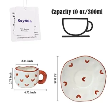 Koythin Cute Ceramic Mug with Saucer, 10 oz Red Heart