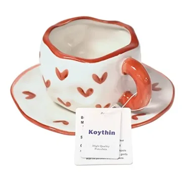 Koythin Cute Ceramic Mug with Saucer, 10 oz Red Heart