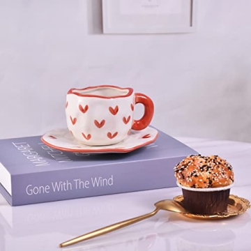 Koythin Cute Ceramic Mug with Saucer, 10 oz Red Heart