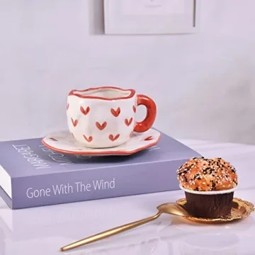 Koythin Cute Ceramic Mug with Saucer, 10 oz Red Heart