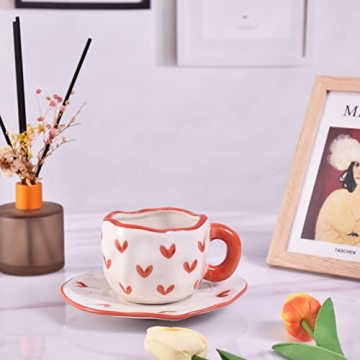 Koythin Cute Ceramic Mug with Saucer, 10 oz Red Heart