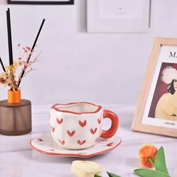 Koythin Cute Ceramic Mug with Saucer, 10 oz Red Heart