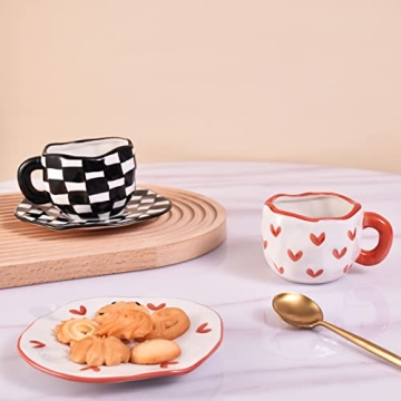 Koythin Cute Ceramic Mug with Saucer, 10 oz Red Heart