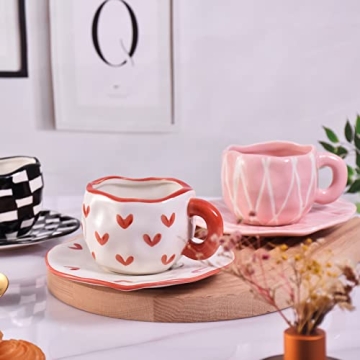 Koythin Cute Ceramic Mug with Saucer, 10 oz Red Heart