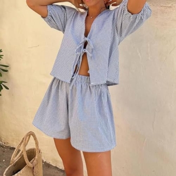 Stylish Y2K Plaid Pajama Short Set For Women