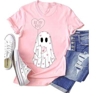 hcihgzr Valentine Shirt for Women Funny Cute Ghost Be My Boo Love Heart Graphic T Shirt Casual Lover Gift Short Sleeve Tee Tops(L,3 Pink)